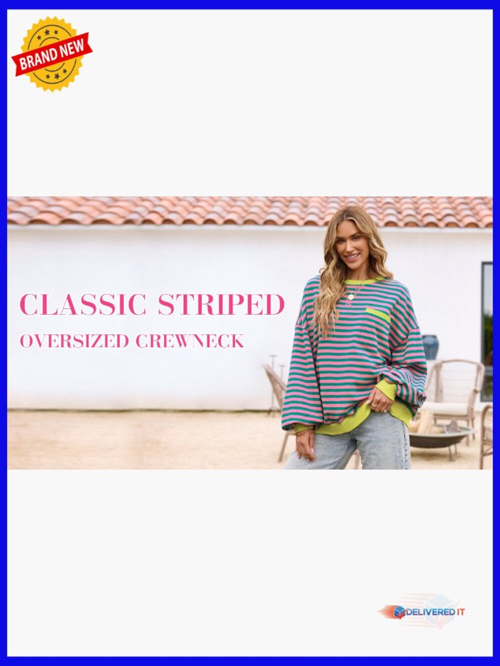 Oversized Crewneck Sweatshirt Dropped Shoulders Striped Pullover Long Sleeve Top - Picture 7 of 7